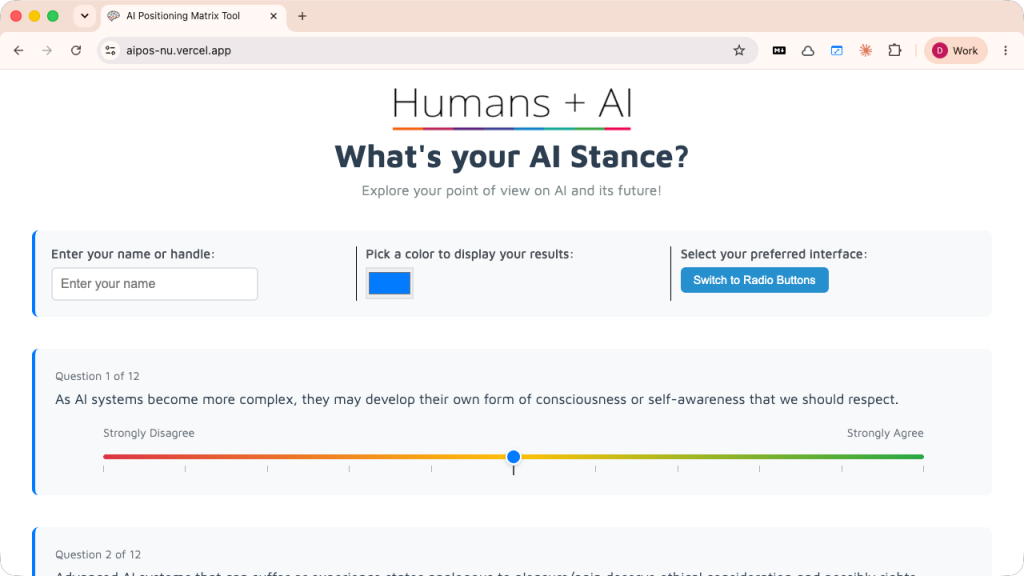 The opening of the assessment — name, colour, and the first of twelve statements on an agree/disagree scale.